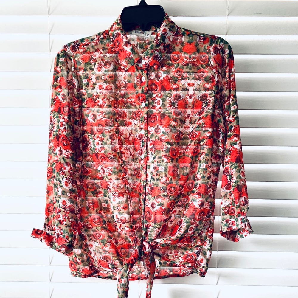 Sheggy Orange Floral Tie Front Chiffon Blouse